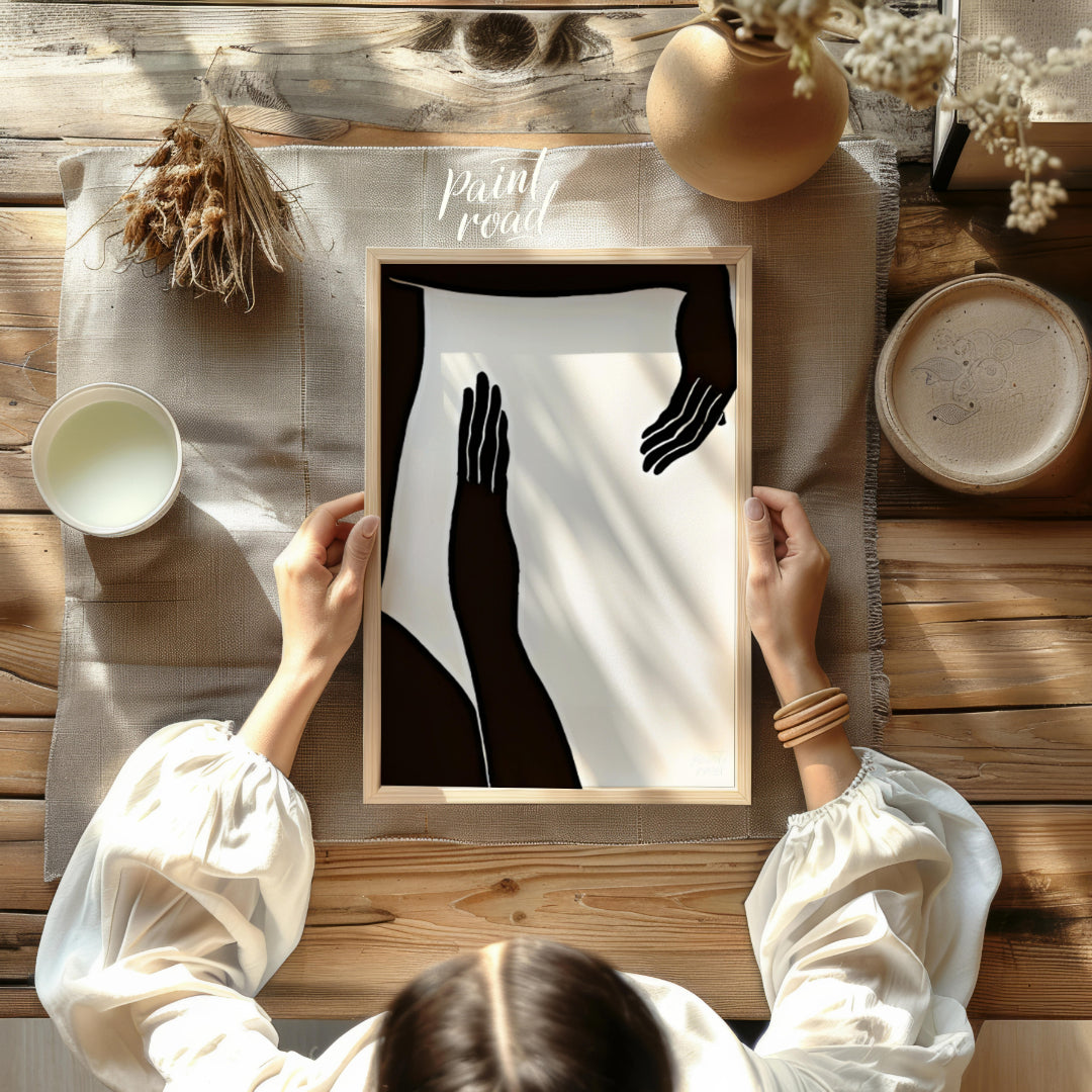 """Gesture Study"" presents a striking composition of silhouetted figures and hands against a stark… for other