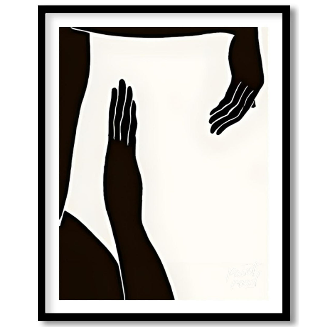 """Gesture Study"" presents a striking composition of silhouetted figures and hands against a stark… for place