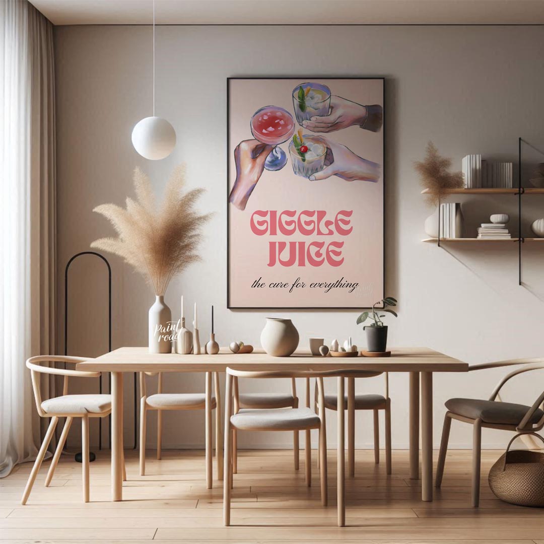 A whimsical illustration of friends raising glasses of colorful cocktails, with the playful tagline… for dining room