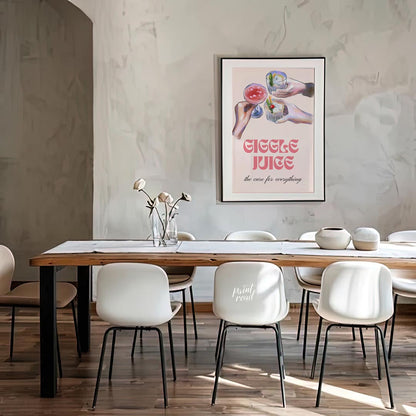 A whimsical illustration of friends raising glasses of colorful cocktails, with the playful tagline… for dining room
