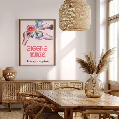 A whimsical illustration of friends raising glasses of colorful cocktails, with the playful tagline… for dining room
