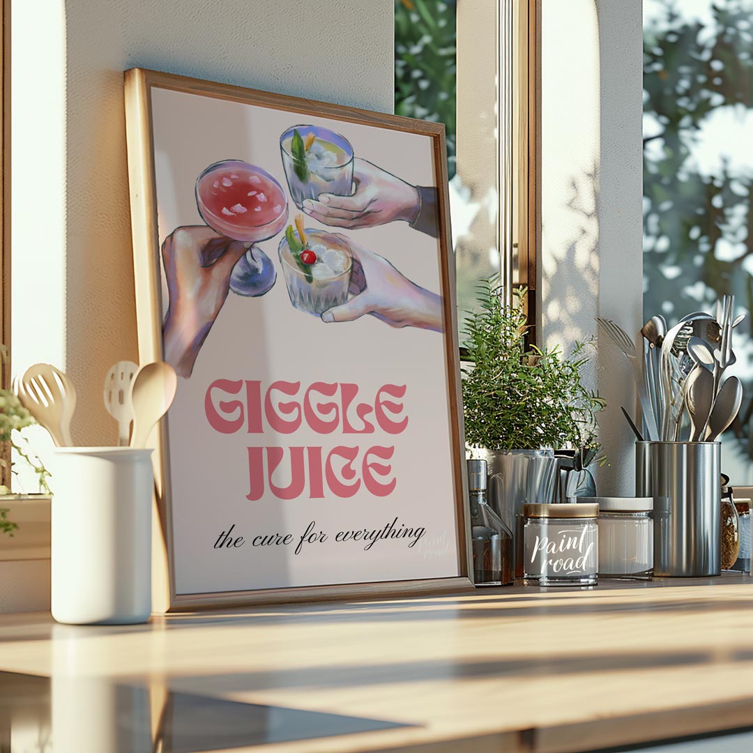 A whimsical illustration of friends raising glasses of colorful cocktails, with the playful tagline… for kitchen