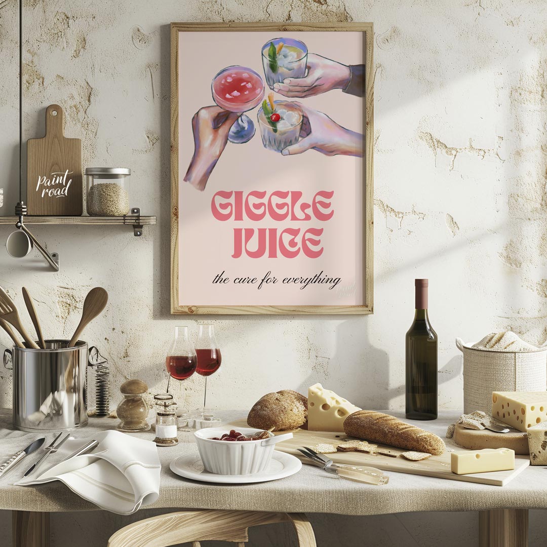 A whimsical illustration of friends raising glasses of colorful cocktails, with the playful tagline… for kitchen