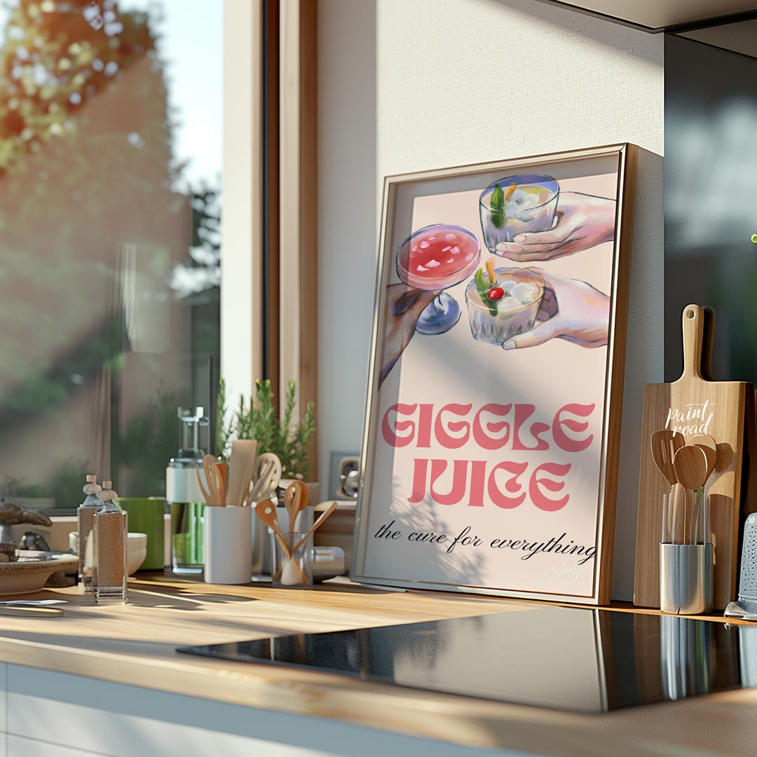 A whimsical illustration of friends raising glasses of colorful cocktails, with the playful tagline… for kitchen