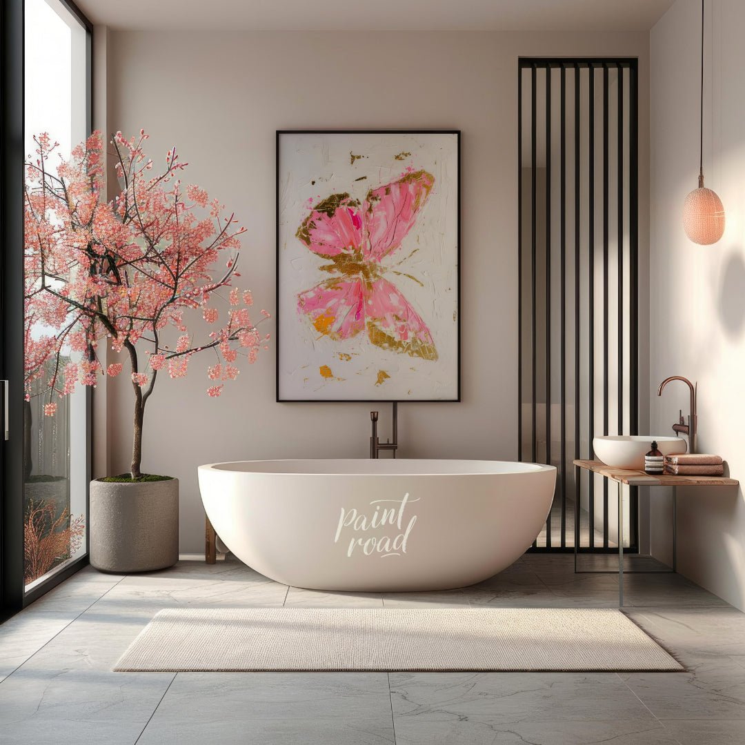 This abstract digital painting features a stylized butterfly rendered in vibrant pink hues with acc… for bathroom