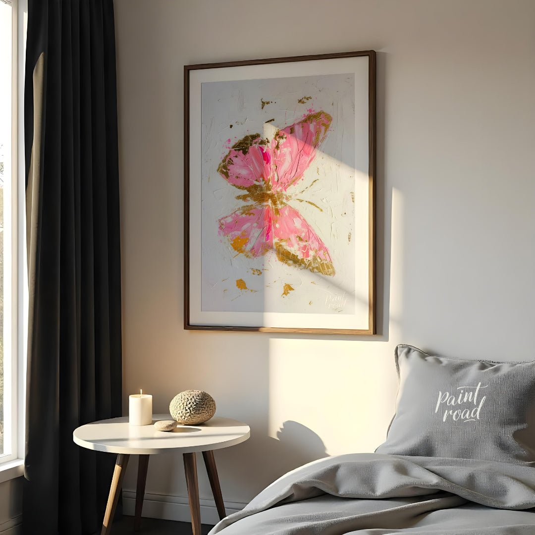 This abstract digital painting features a stylized butterfly rendered in vibrant pink hues with acc… for bedroom
