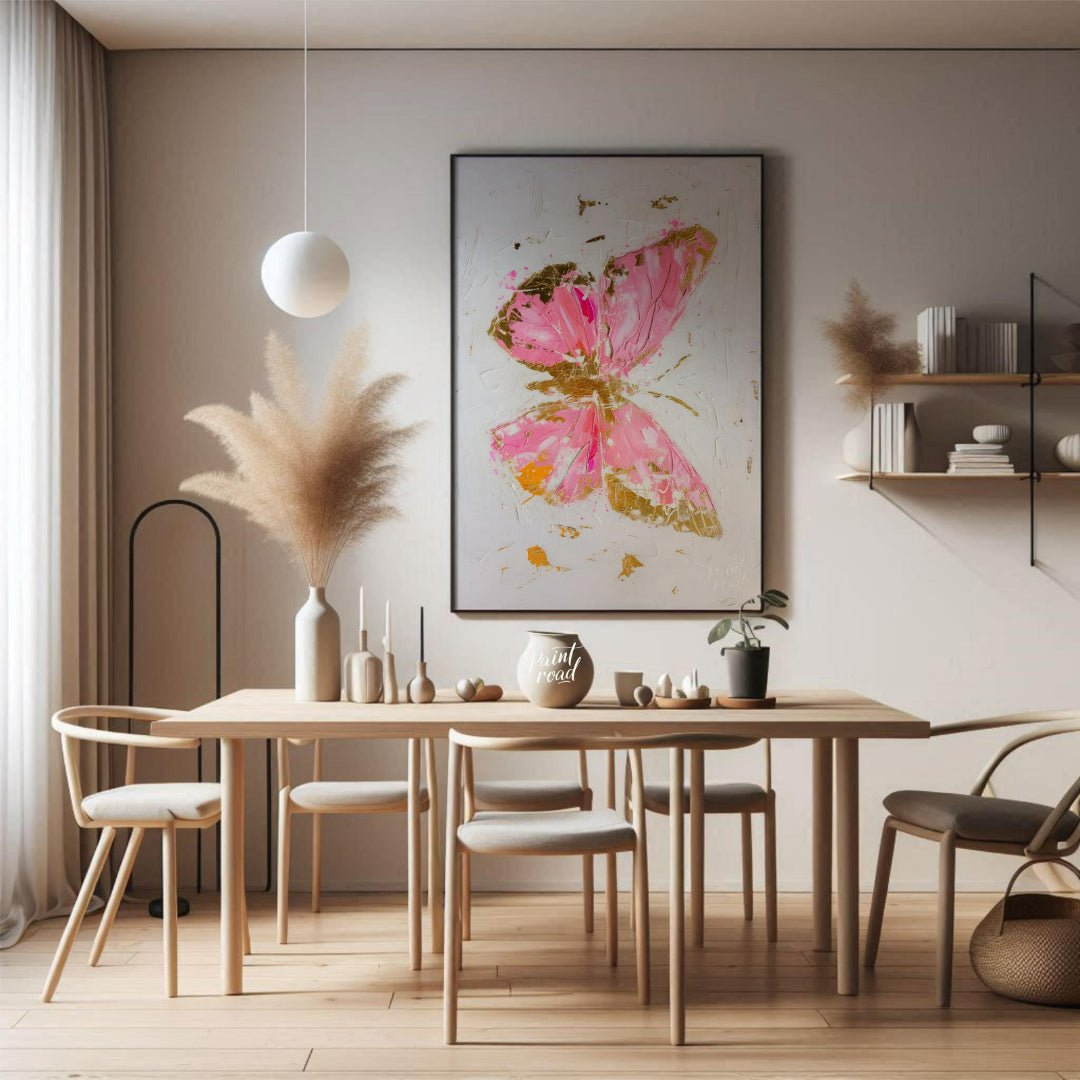 This abstract digital painting features a stylized butterfly rendered in vibrant pink hues with acc… for dining room