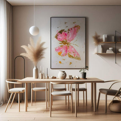 This abstract digital painting features a stylized butterfly rendered in vibrant pink hues with acc… for dining room