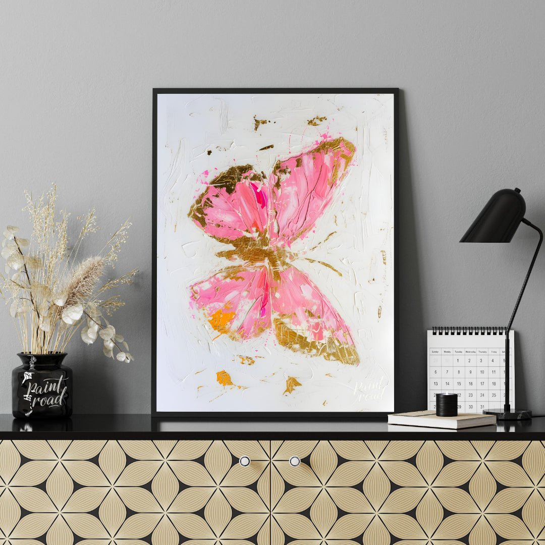This abstract digital painting features a stylized butterfly rendered in vibrant pink hues with acc… for living room