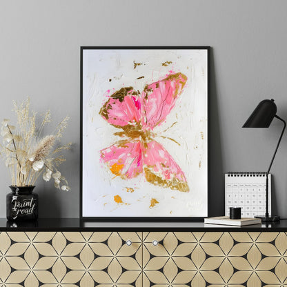 This abstract digital painting features a stylized butterfly rendered in vibrant pink hues with acc… for living room