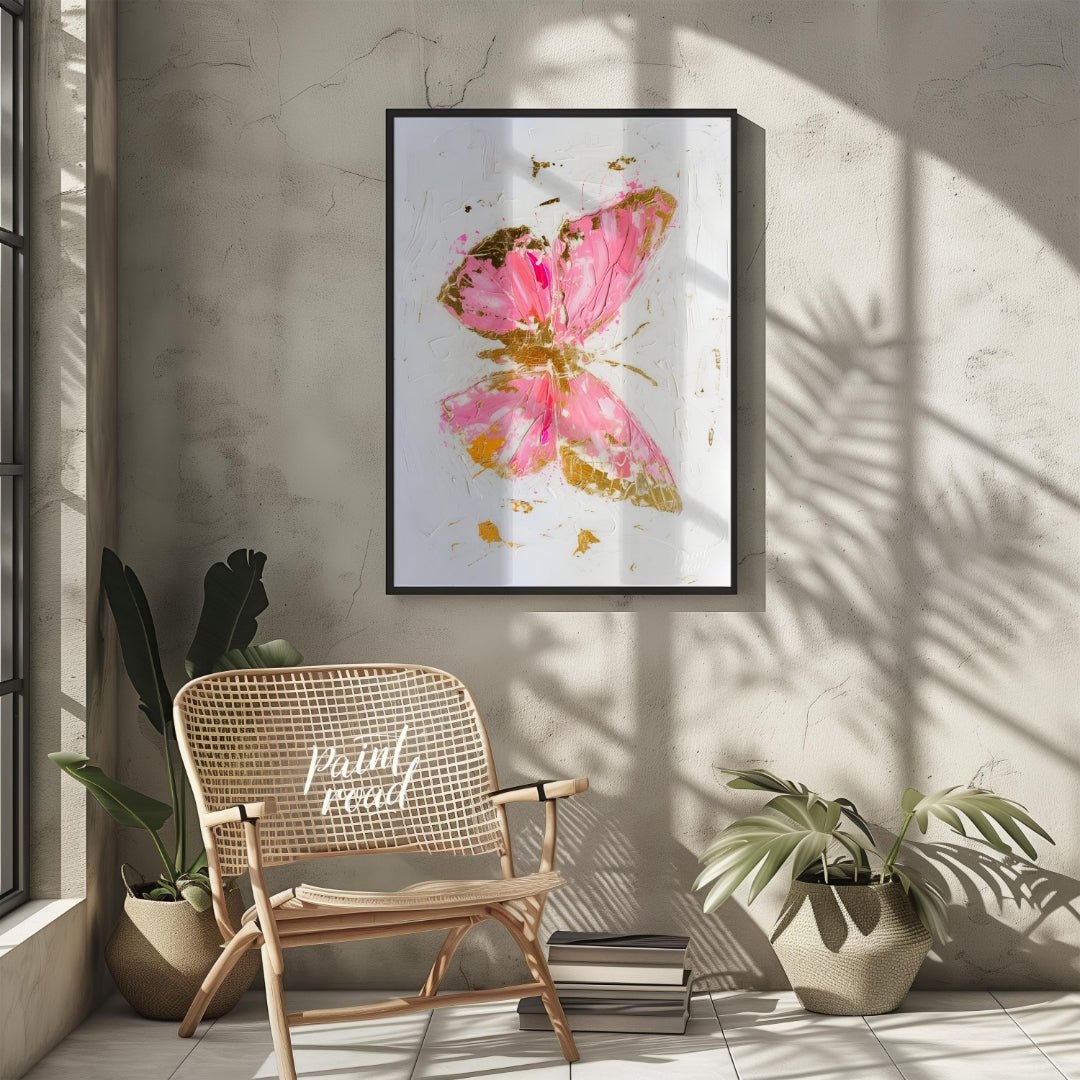 This abstract digital painting features a stylized butterfly rendered in vibrant pink hues with acc… for living room