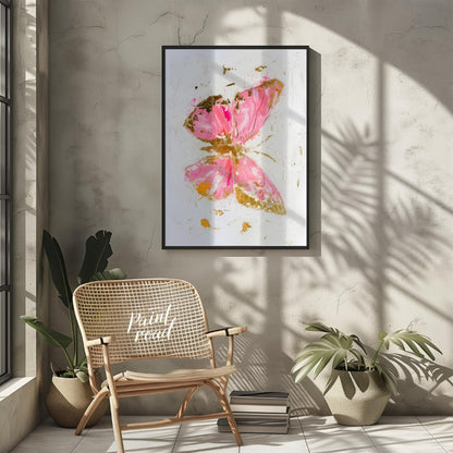 This abstract digital painting features a stylized butterfly rendered in vibrant pink hues with acc… for living room