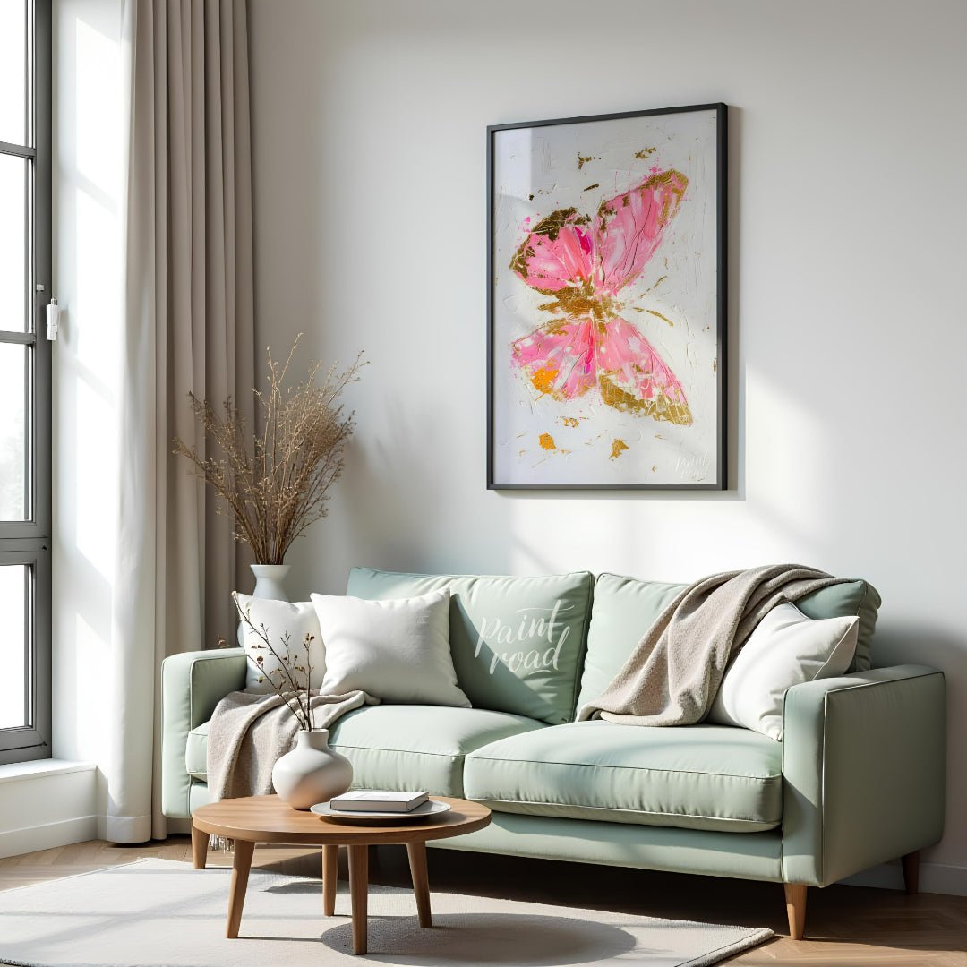 This abstract digital painting features a stylized butterfly rendered in vibrant pink hues with acc… for living room