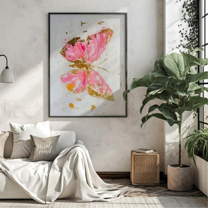 This abstract digital painting features a stylized butterfly rendered in vibrant pink hues with acc… for living room