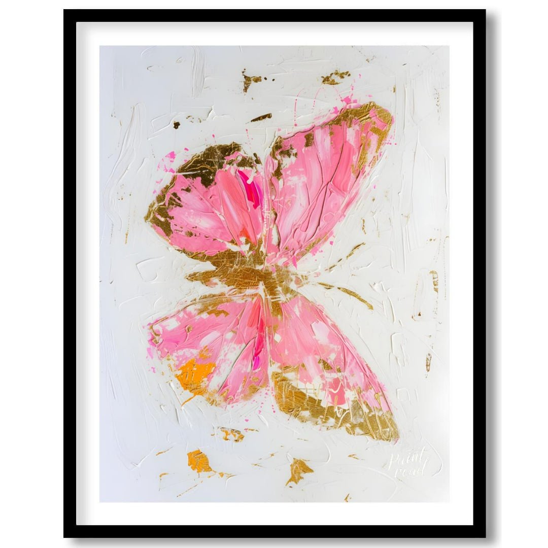 This abstract digital painting features a stylized butterfly rendered in vibrant pink hues with acc… for place