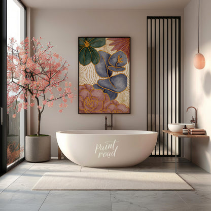 This artwork features a harmonious blend of botanical elements with a touch of opulent gold detaili… for bathroom