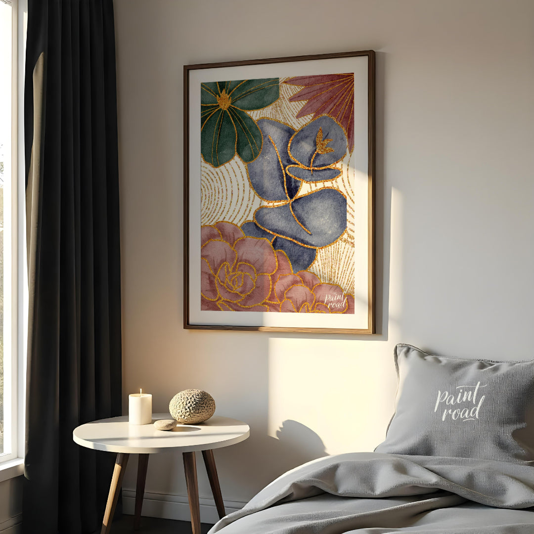 This artwork features a harmonious blend of botanical elements with a touch of opulent gold detaili… for bedroom