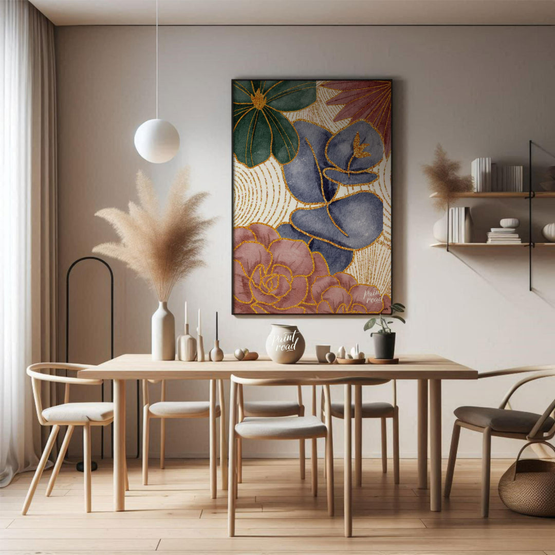 This artwork features a harmonious blend of botanical elements with a touch of opulent gold detaili… for dining room