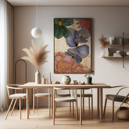 This artwork features a harmonious blend of botanical elements with a touch of opulent gold detaili… for dining room