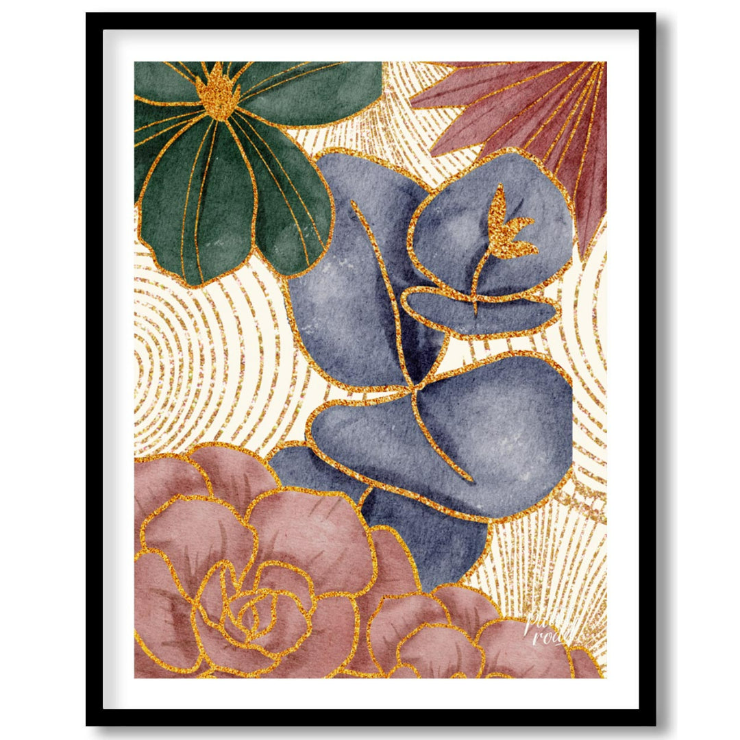 This artwork features a harmonious blend of botanical elements with a touch of opulent gold detaili… for house