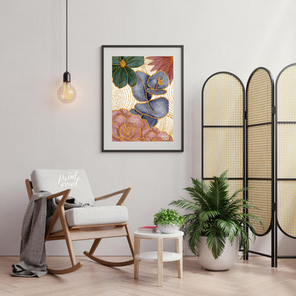 This artwork features a harmonious blend of botanical elements with a touch of opulent gold detaili… for living room