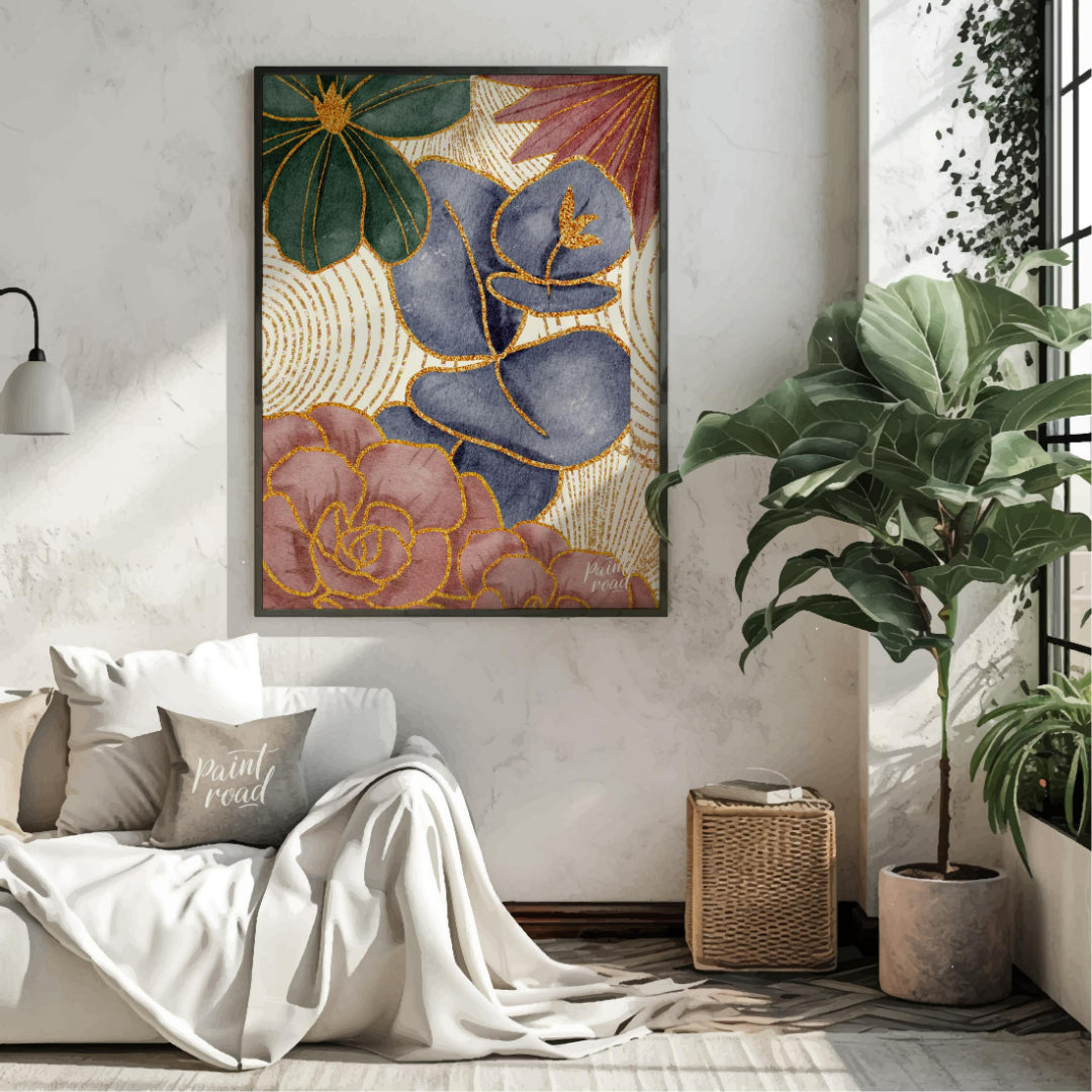 This artwork features a harmonious blend of botanical elements with a touch of opulent gold detaili… for living room