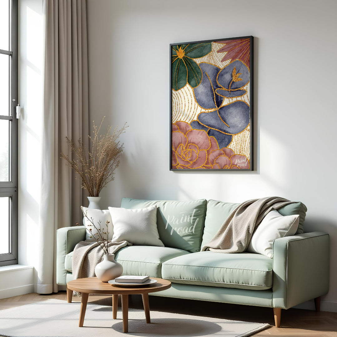 This artwork features a harmonious blend of botanical elements with a touch of opulent gold detaili… for living room
