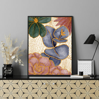 This artwork features a harmonious blend of botanical elements with a touch of opulent gold detaili… for office