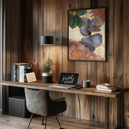 This artwork features a harmonious blend of botanical elements with a touch of opulent gold detaili… for office