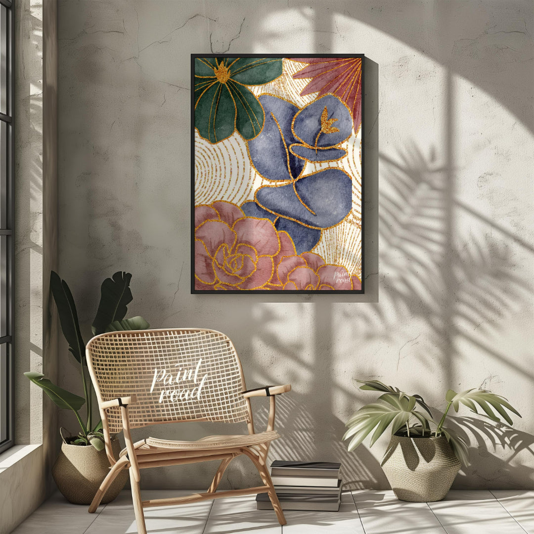 This artwork features a harmonious blend of botanical elements with a touch of opulent gold detaili… for other