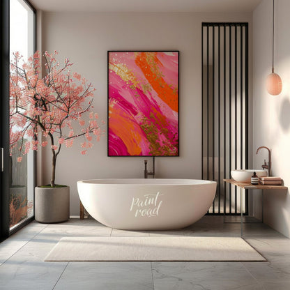 This vibrant abstract digital painting features bold, sweeping brushstrokes in shades of pink, oran… for bathroom