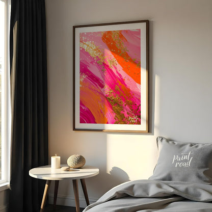 This vibrant abstract digital painting features bold, sweeping brushstrokes in shades of pink, oran… for bedroom