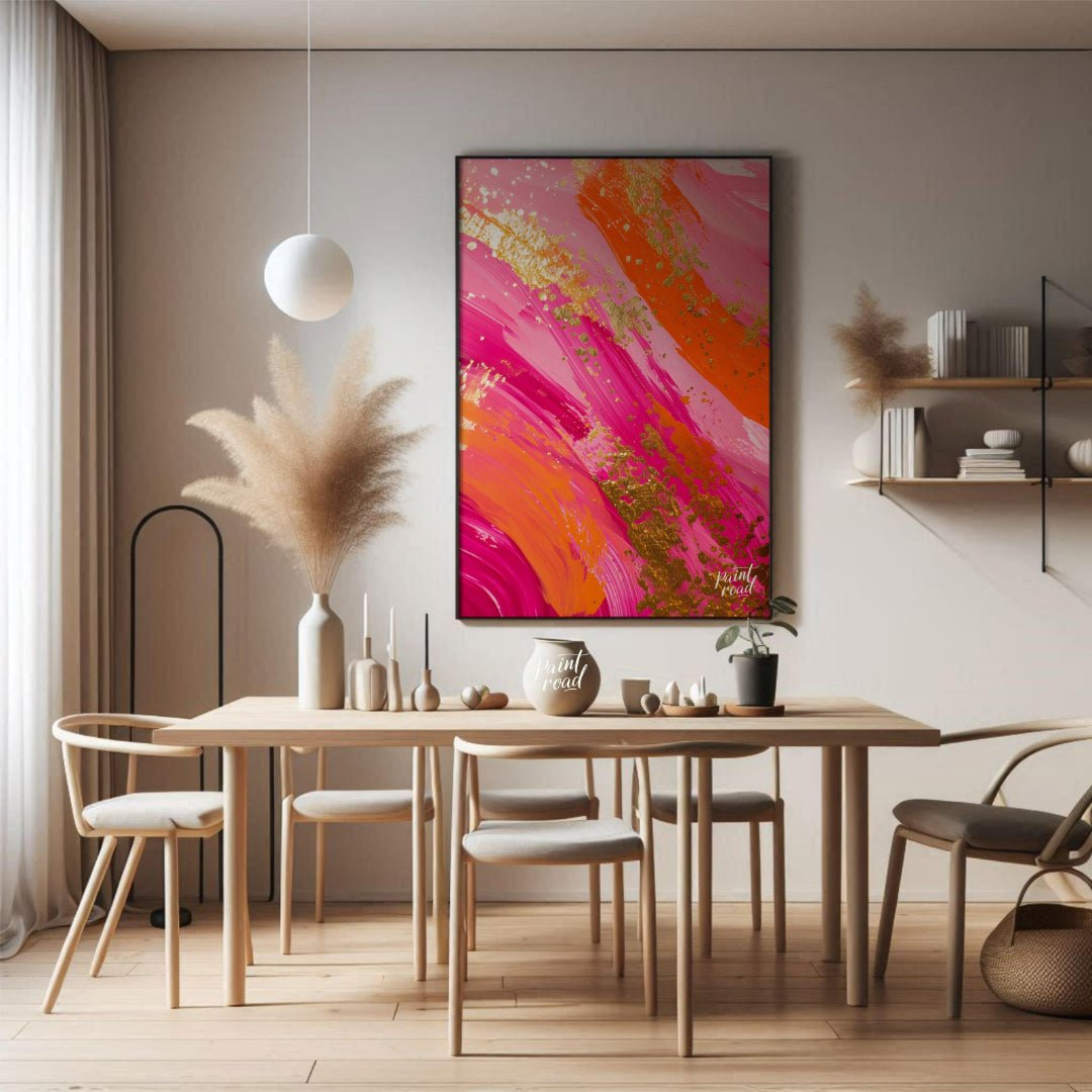 This vibrant abstract digital painting features bold, sweeping brushstrokes in shades of pink, oran… for dining room