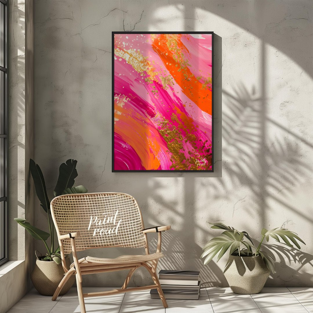 This vibrant abstract digital painting features bold, sweeping brushstrokes in shades of pink, oran… for living room