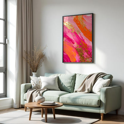 This vibrant abstract digital painting features bold, sweeping brushstrokes in shades of pink, oran… for living room
