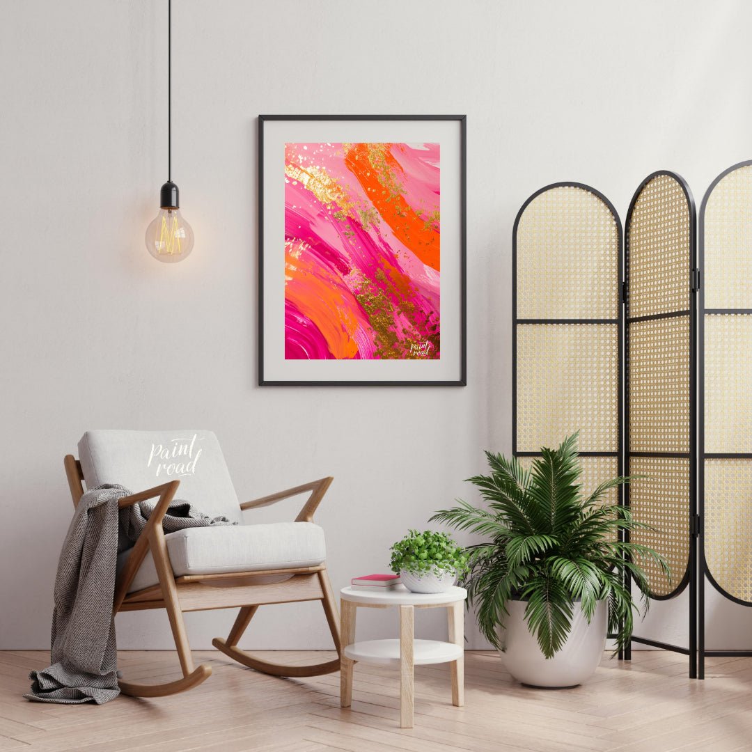 This vibrant abstract digital painting features bold, sweeping brushstrokes in shades of pink, oran… for living room