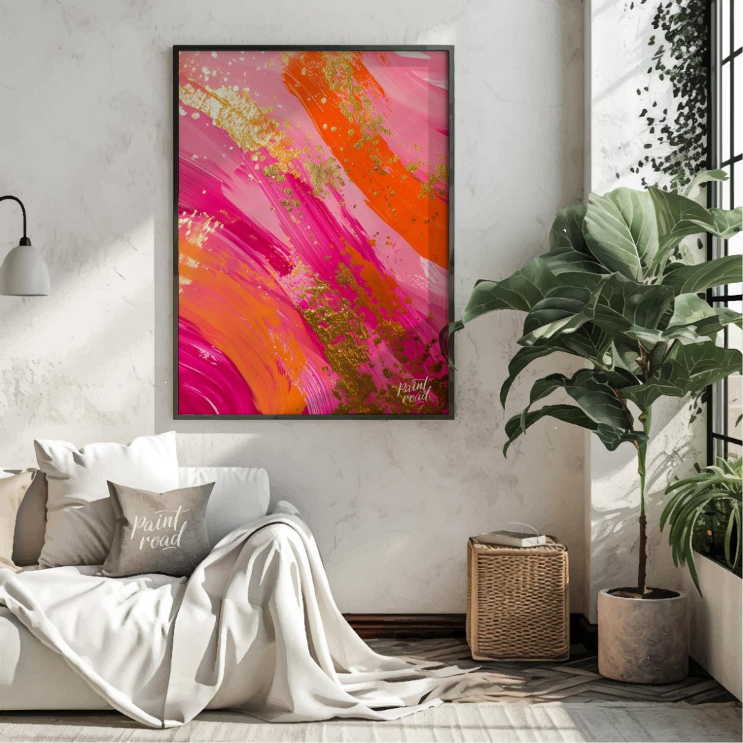 This vibrant abstract digital painting features bold, sweeping brushstrokes in shades of pink, oran… for living room