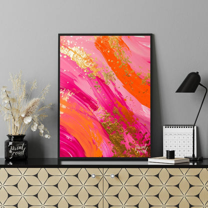 This vibrant abstract digital painting features bold, sweeping brushstrokes in shades of pink, oran… for office