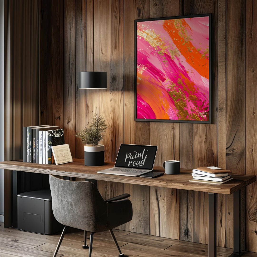 This vibrant abstract digital painting features bold, sweeping brushstrokes in shades of pink, oran… for office