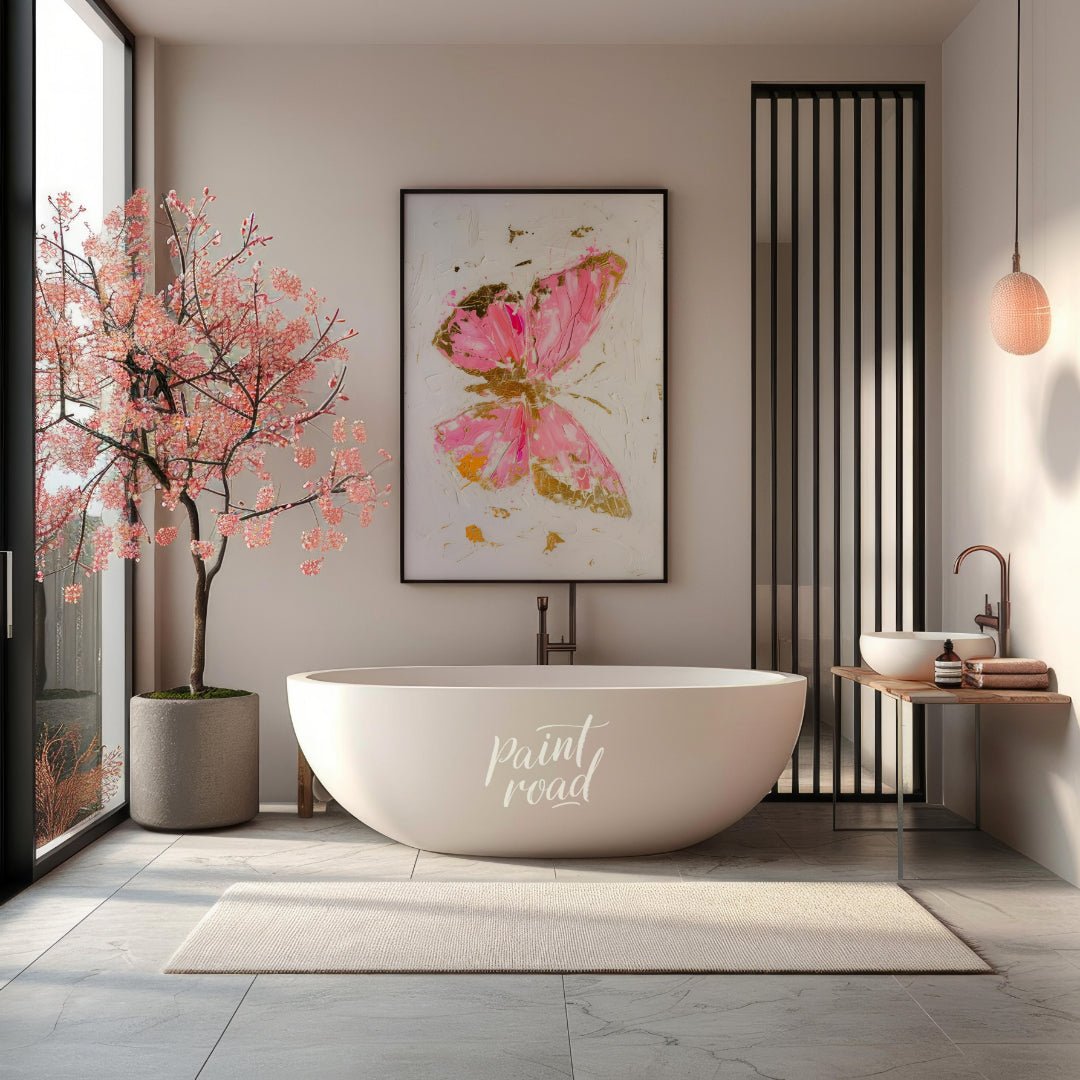"Gilded Wings" presents an abstract depiction of a butterfly rendered with bold brushstrokes and a … for bathroom