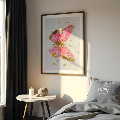 "Gilded Wings" presents an abstract depiction of a butterfly rendered with bold brushstrokes and a … for bedroom