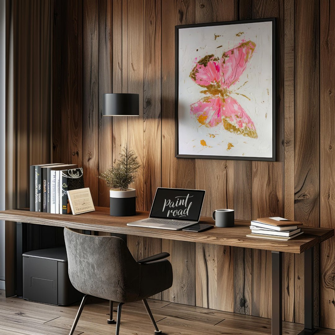 "Gilded Wings" presents an abstract depiction of a butterfly rendered with bold brushstrokes and a … for office