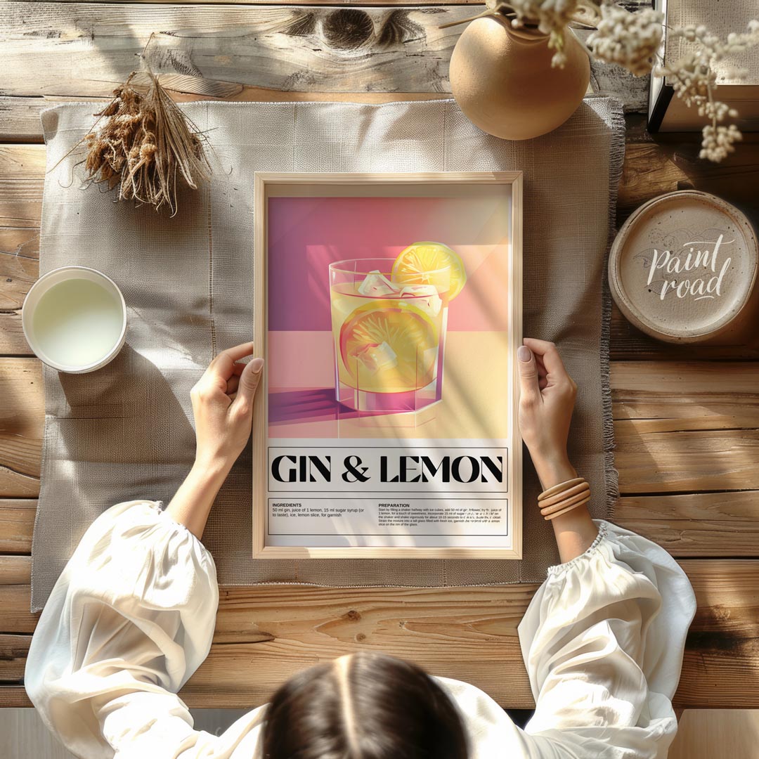 This elegant poster highlights a classic Gin & Lemon cocktail, presented with a clean and sophistic… for dining room