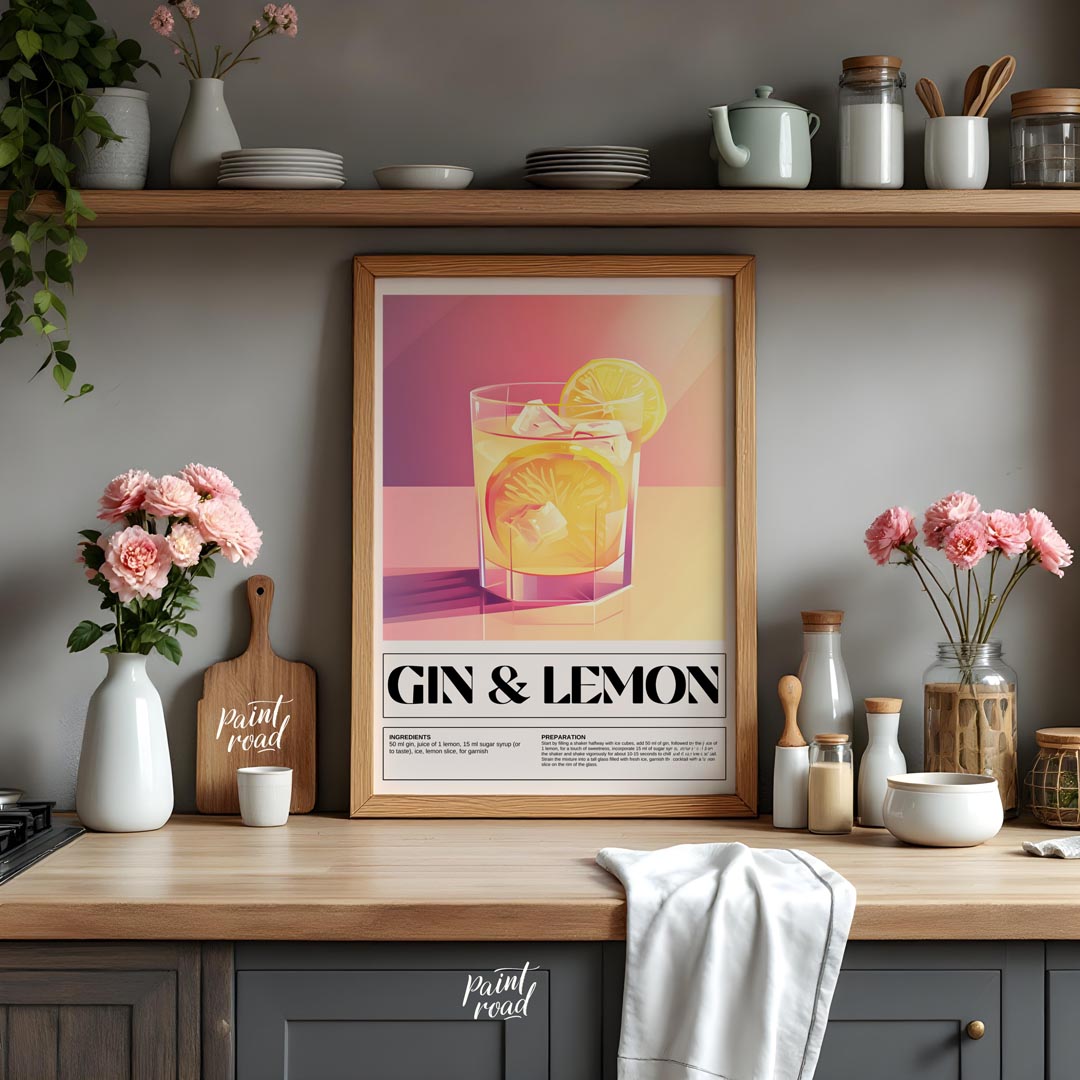 This elegant poster highlights a classic Gin & Lemon cocktail, presented with a clean and sophistic… for kitchen