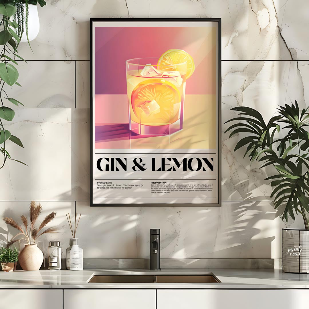 This elegant poster highlights a classic Gin & Lemon cocktail, presented with a clean and sophistic… for kitchen