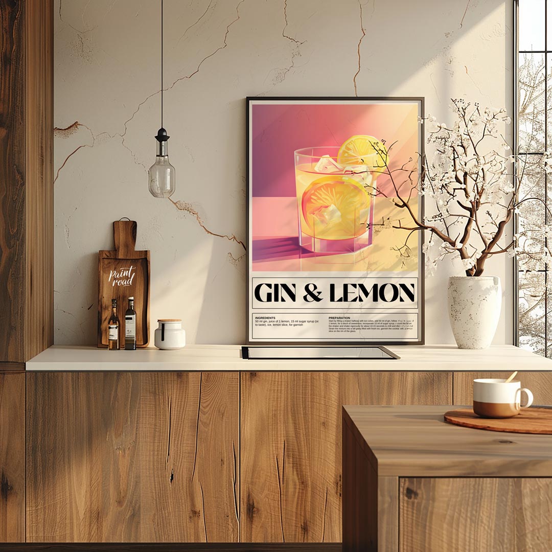 This elegant poster highlights a classic Gin & Lemon cocktail, presented with a clean and sophistic… for kitchen