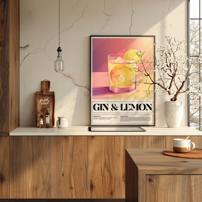 This elegant poster highlights a classic Gin & Lemon cocktail, presented with a clean and sophistic… for kitchen