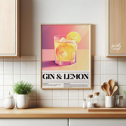 This elegant poster highlights a classic Gin & Lemon cocktail, presented with a clean and sophistic… for kitchen