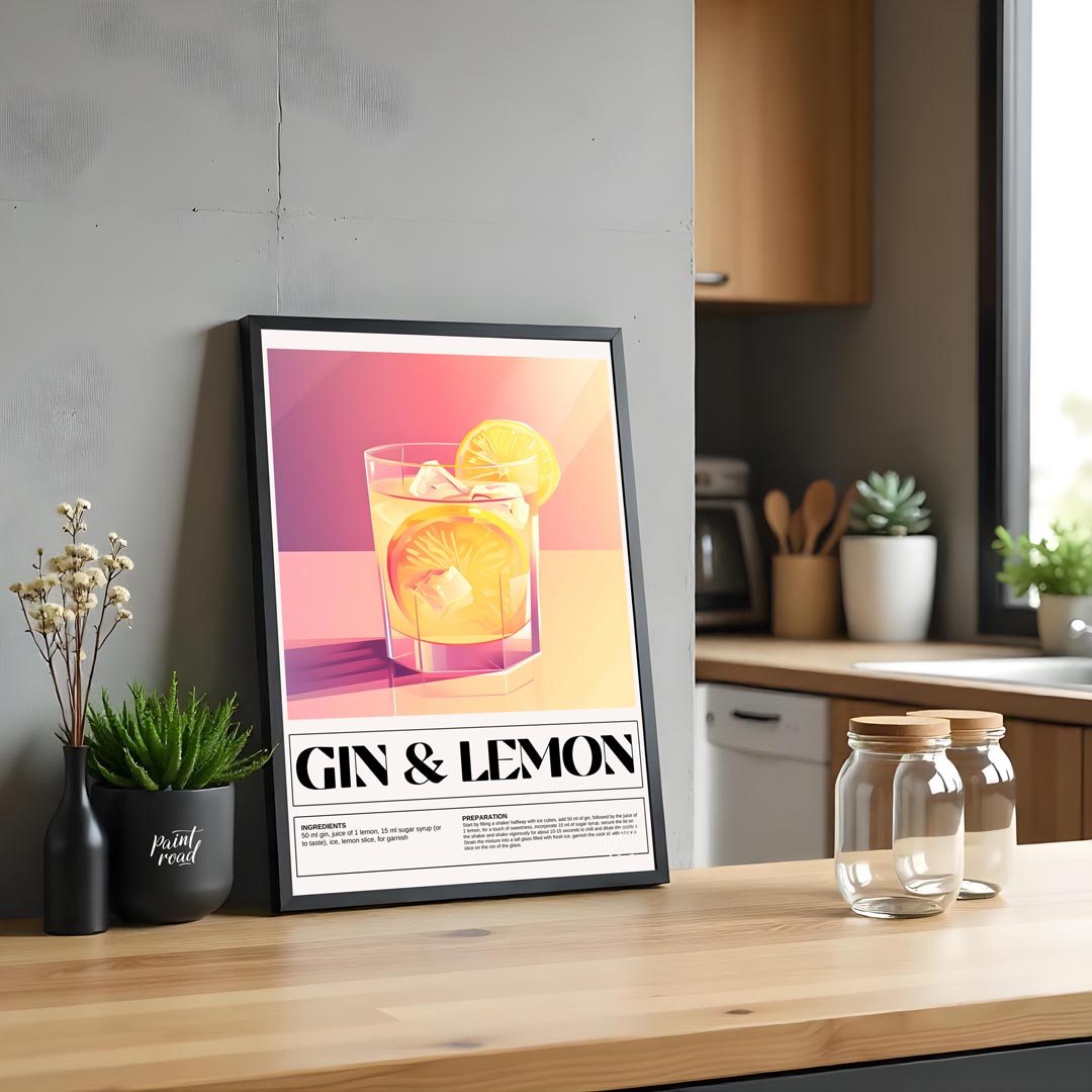 This elegant poster highlights a classic Gin & Lemon cocktail, presented with a clean and sophistic… for kitchen