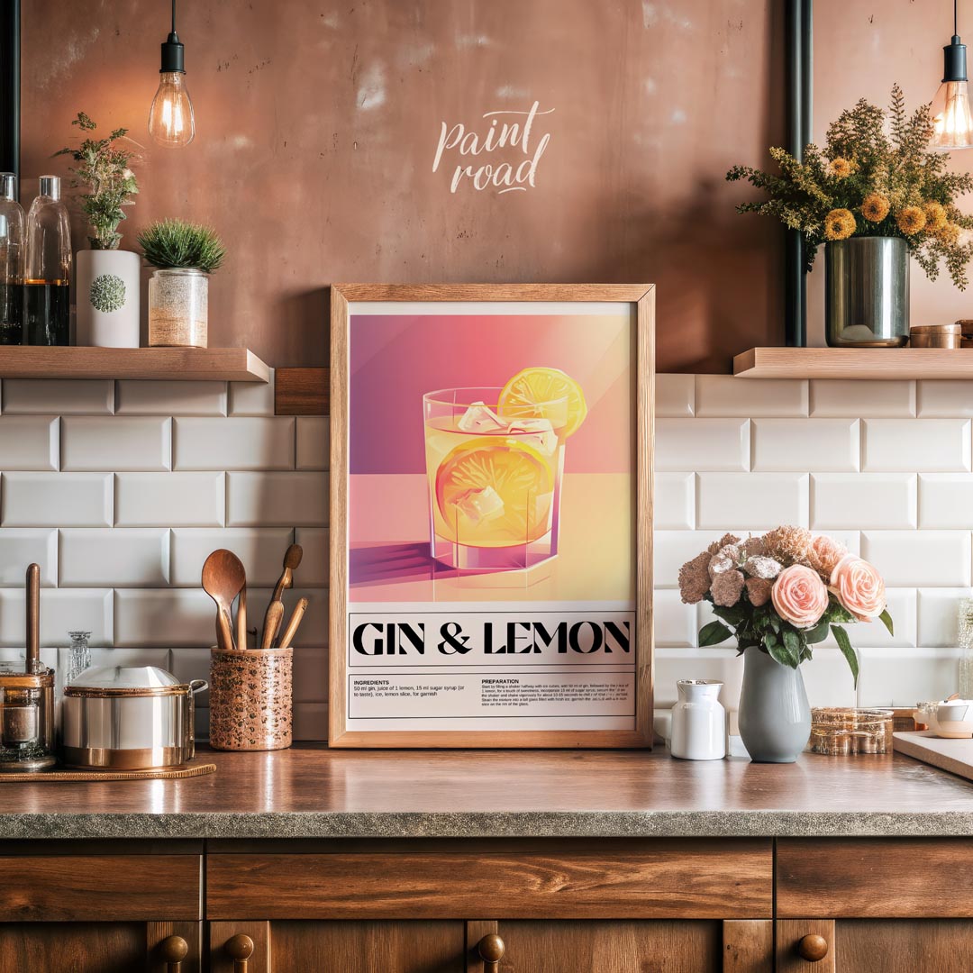 This elegant poster highlights a classic Gin & Lemon cocktail, presented with a clean and sophistic… for kitchen